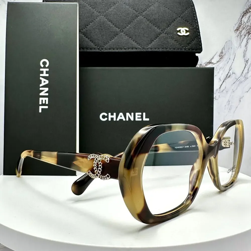 New CHANEL Eyeglasses Brown Gold Chain CC Square Acetate Womens - Picture 9 of 16